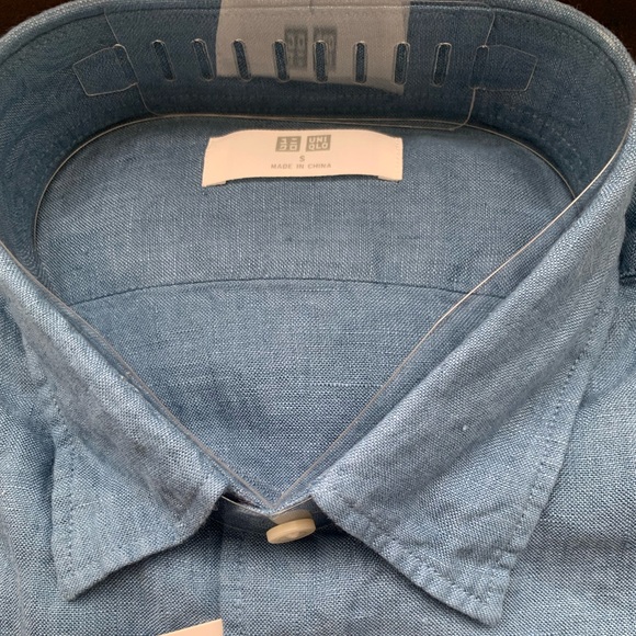 NWT Uniqlo premium French linen blue button down shirt full sleeves Mens S / M - Picture 7 of 7